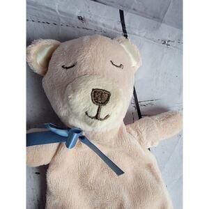CR Gibson Bear Lovey Security Blanket Tan Brown Blue Satin Ribbon Bow Knotted